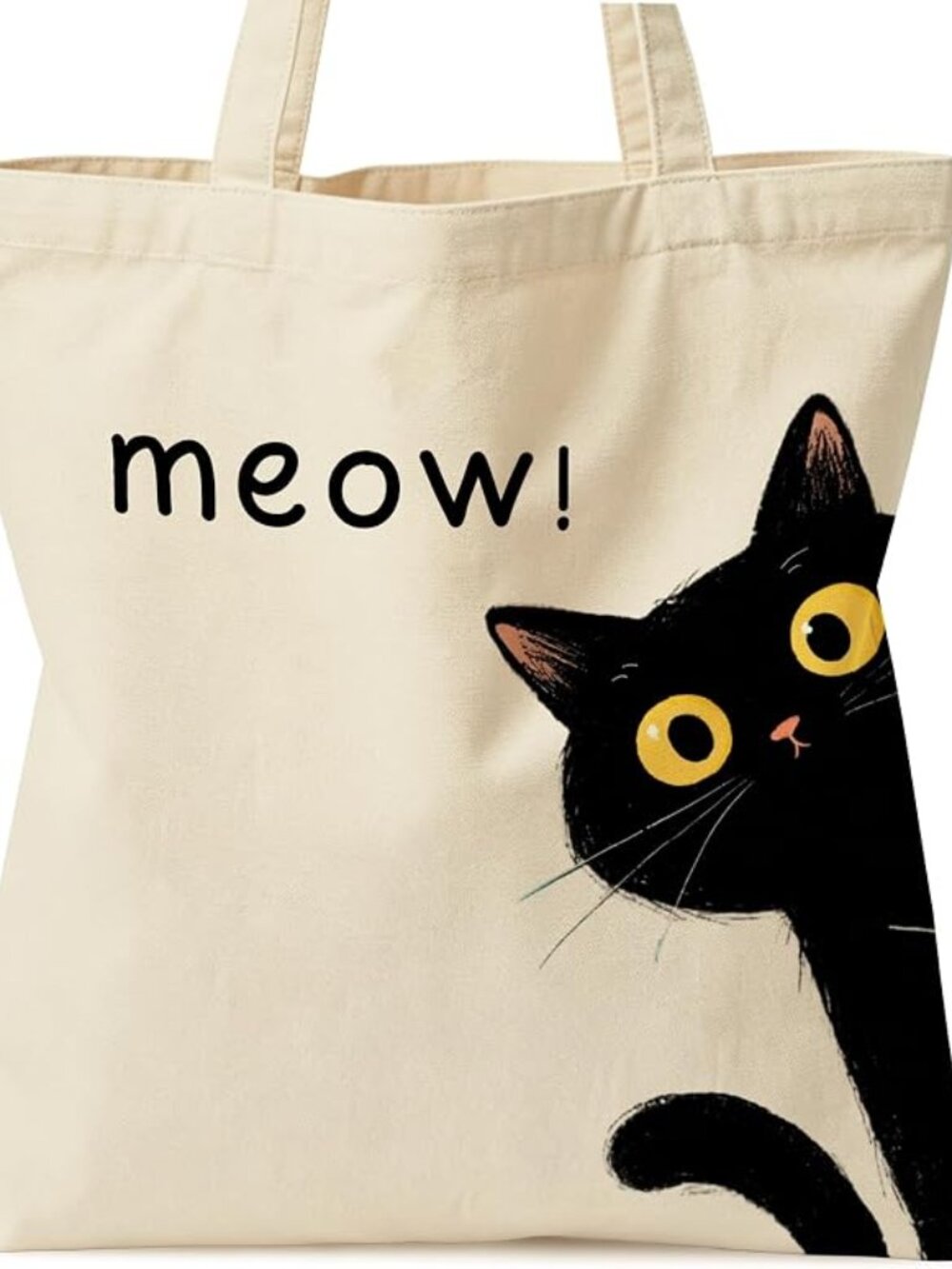 Meow Black Cat Tote Bag, Funny Cat Lover Gifts for Women Canvas Bag, Double-Side